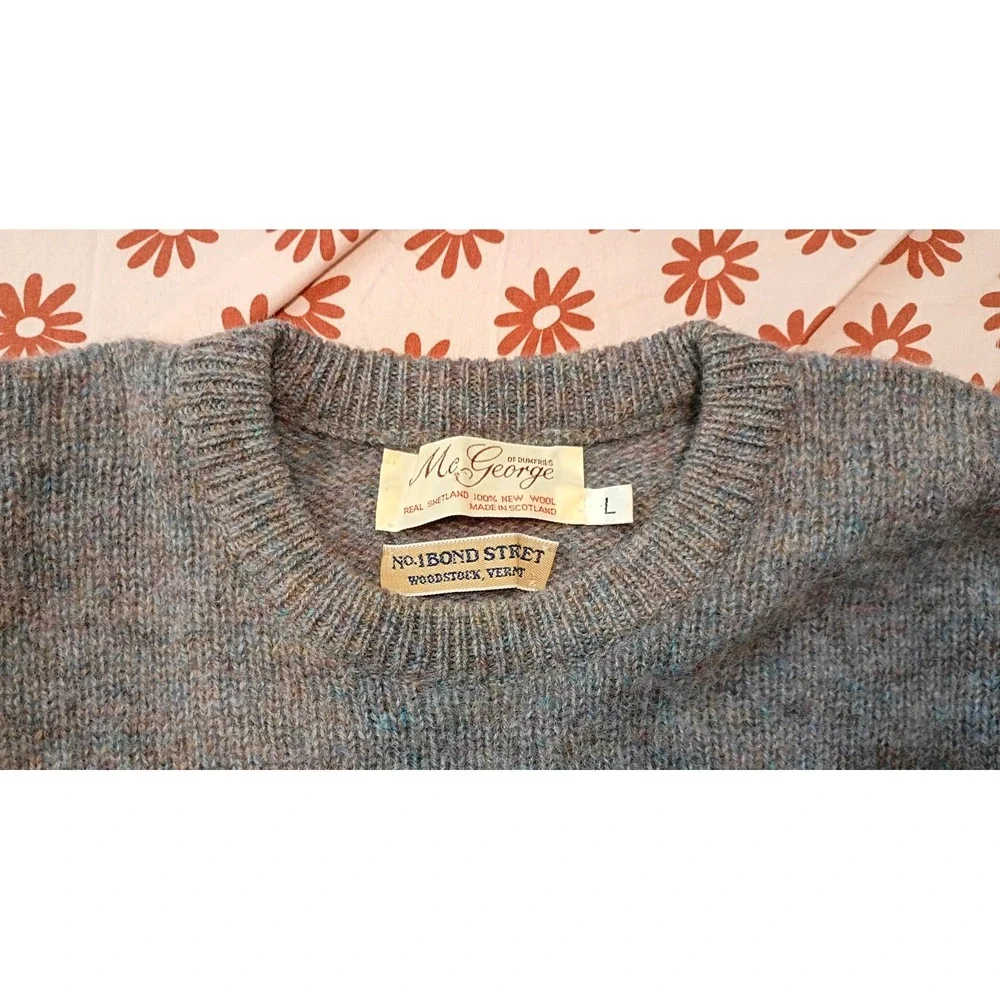 McGeorge of Dumfries Scotland Blue Grey Wool Crewneck Sweater Mens XL Vintage